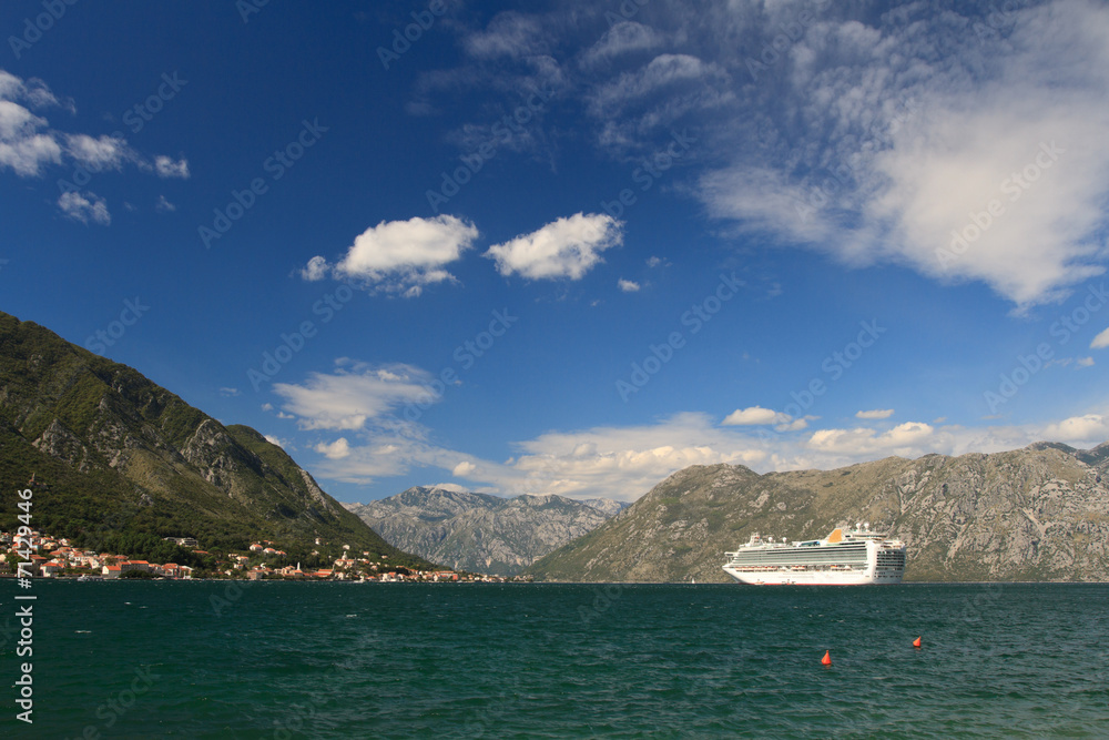 Large ship leaves the Bay of Kotor, Montenegro