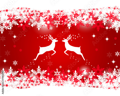 Reindeer with stars, snowflakes and glitter on a red background