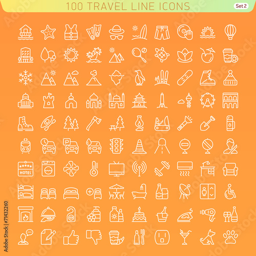 Travel Line Icons for Web and Mobile. Beach, Mountains and Hotel