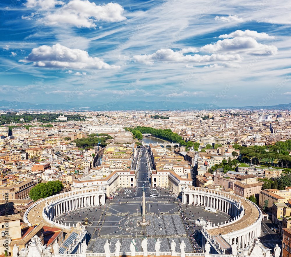 Famous Saint Peter's Square in Vatican and aerial view of city.