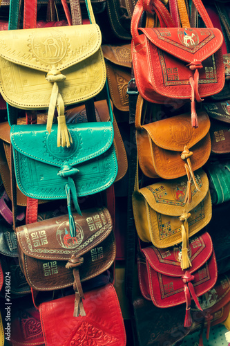 Colorful leather handbags collection on Tunis market