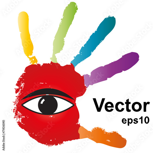 Conceptual human hand print with an eye symbol