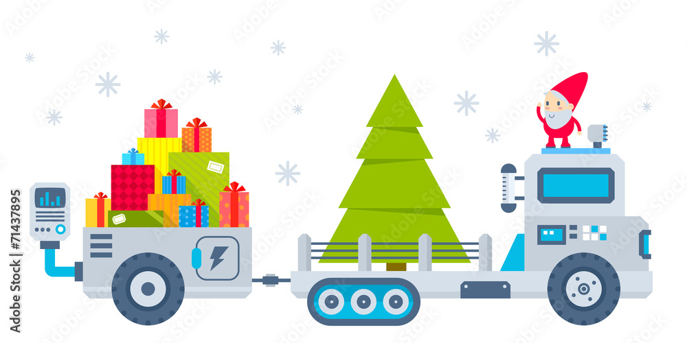 Vector horizontal illustration of the gnome operates the machine Vector horizontal illustration of the gnome operates the machine