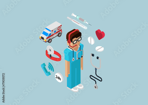 Flat 3d isometric infographic emergency ambulance service doctor