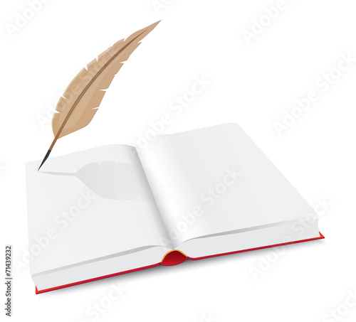 Open book and pen on white background