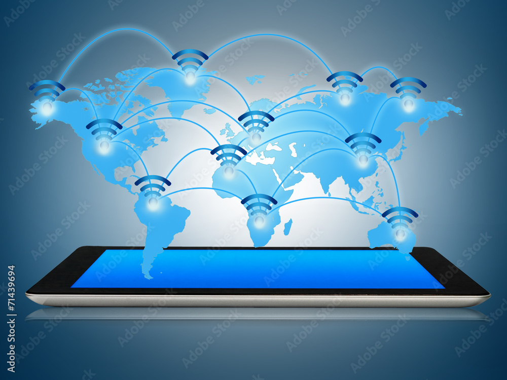 Modern tablet device with WiFi map pop up. Modern tablet device with WiFi map pop up.