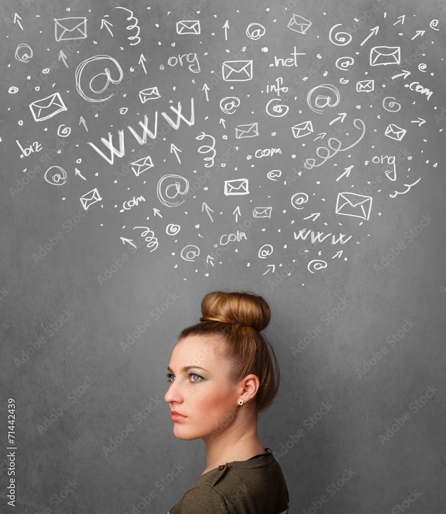 Young woman thinking with social network icons above her head Young woman thinking with social network icons above her head
