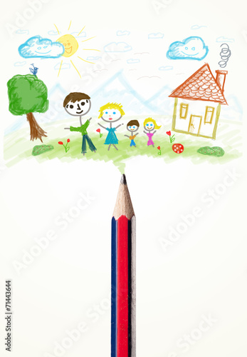 Pencil close-up with a drawing of a family