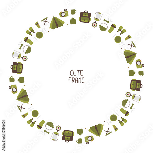 Frame of colorful camping equipment symbols and icons in flat