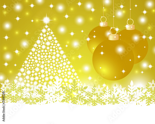 Christmas gold background with shiny Christmas tree and balls
