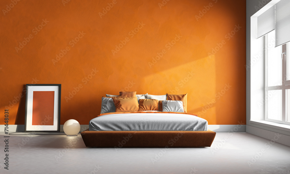 3d render of orange bedroom - obrazy, fototapety, plakaty 