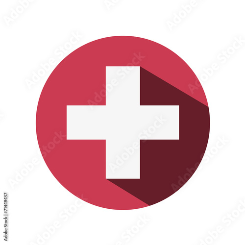 Hospital cross sign. Flat design with shadow. White cross, round icon. Aid, crisis,
