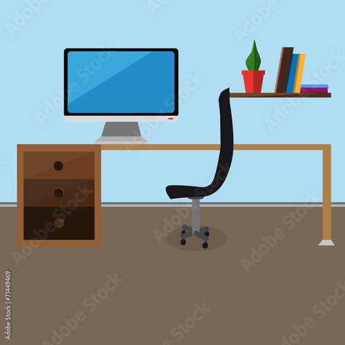 Flat Office Design With Monitor And Flower With Books