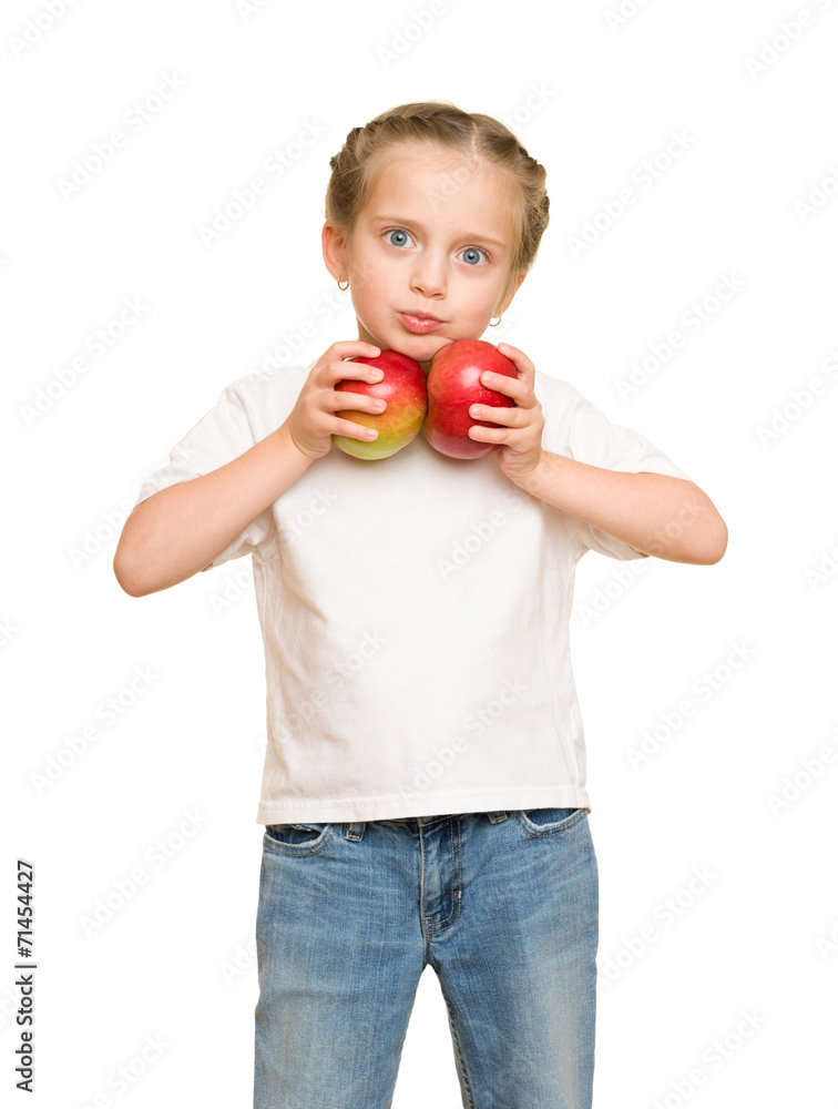 little girl with fruits and vegetables on white little girl with fruits and vegetables on white