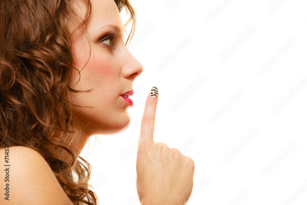 profile part of face woman with silence sign gesture isolated profile part of face woman with silence sign gesture isolated
