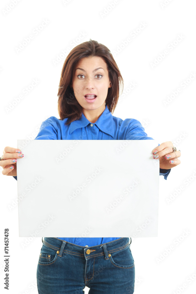 Portrait of surprised woman with advert looking at camera Portrait of surprised woman with advert looking at camera