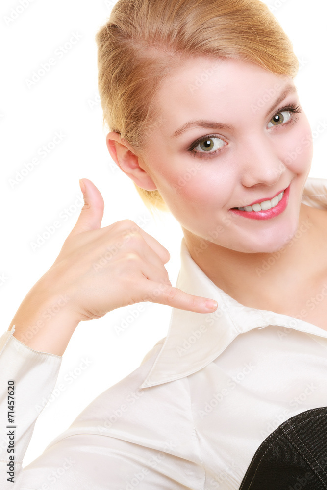 Phone. Businesswoman making call me gesture Phone. Businesswoman making call me gesture