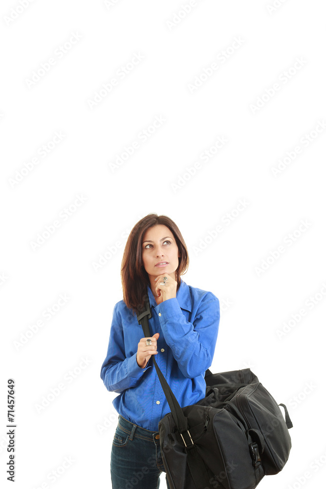 Thoughtful woman with travel bag going on business trip Thoughtful woman with travel bag going on business trip