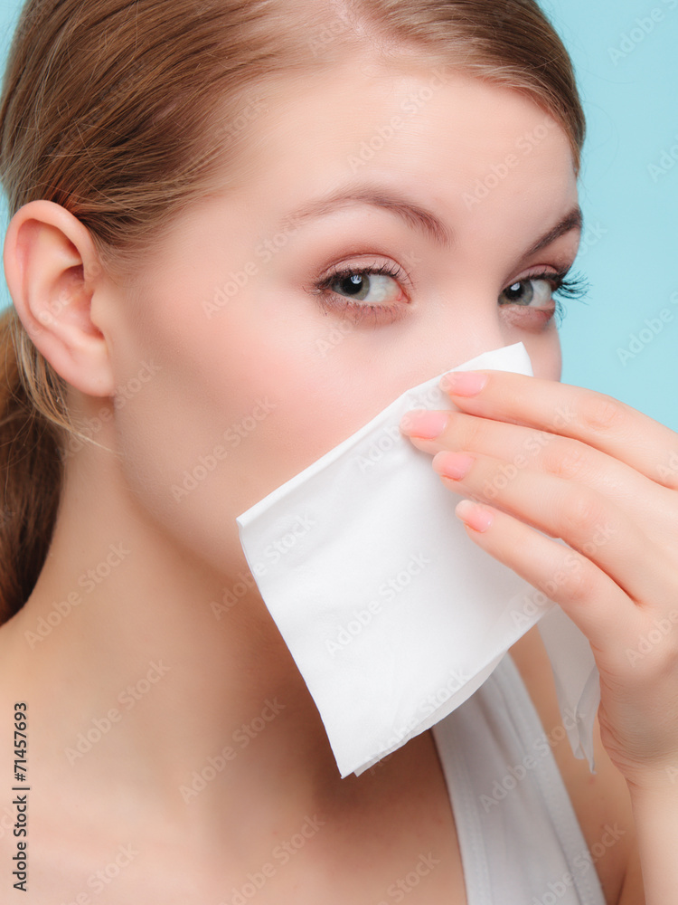 Flu allergy. Sick girl sneezing in tissue. Health Flu allergy. Sick girl sneezing in tissue. Health