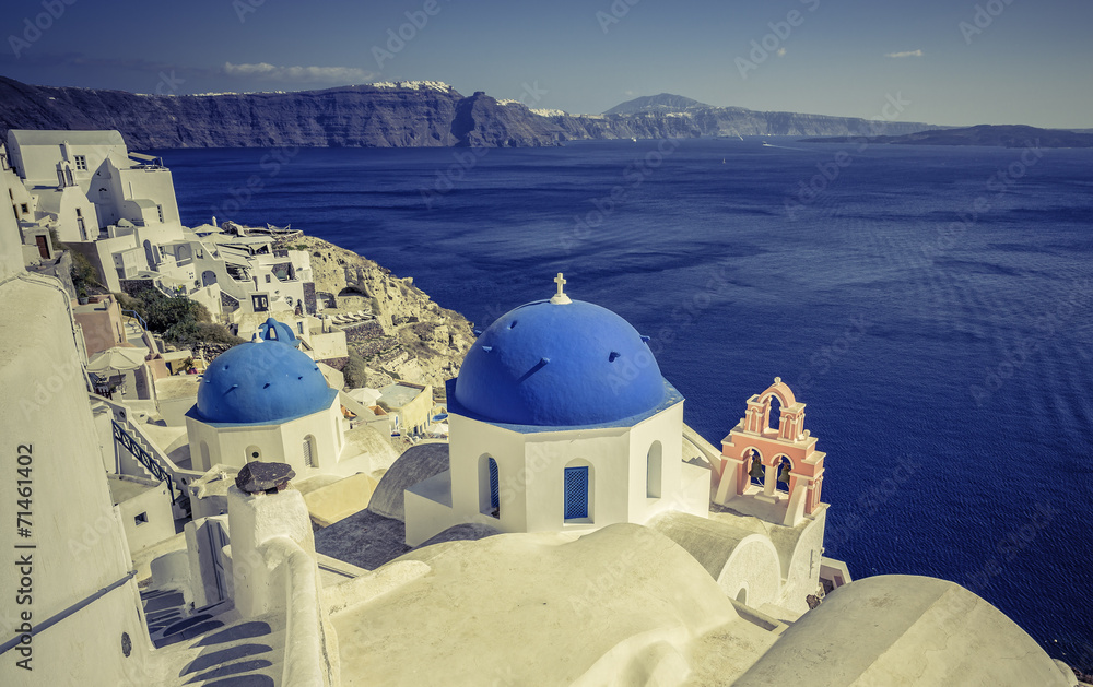 Santorini scene with famous blue dome churches, Greece