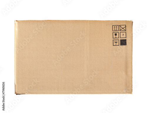 Cardboard box with standard signs isolated on white background