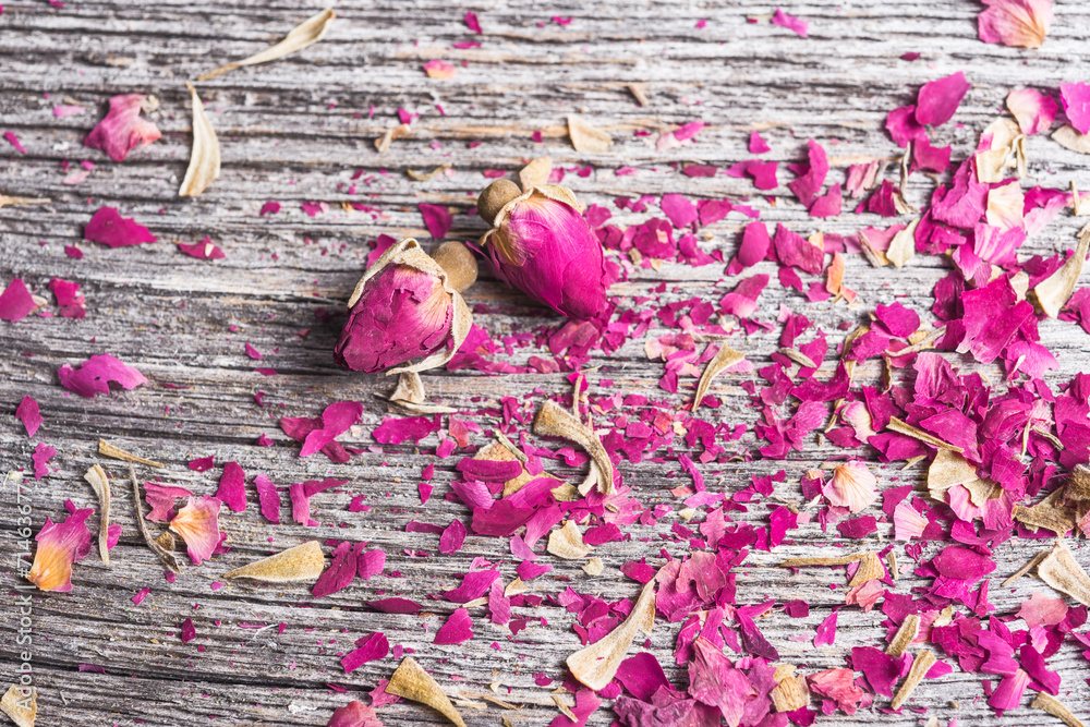 background with rose petals and two dried flowers