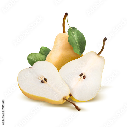 Pears bartlett whole and split isolated on white