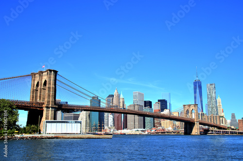 View of New York City Downtown Skyline with Brooklyn Bridge