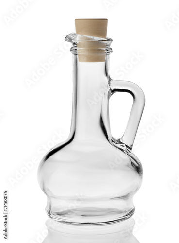 Empty small bottle for olive oil with cork stopper isolated on w