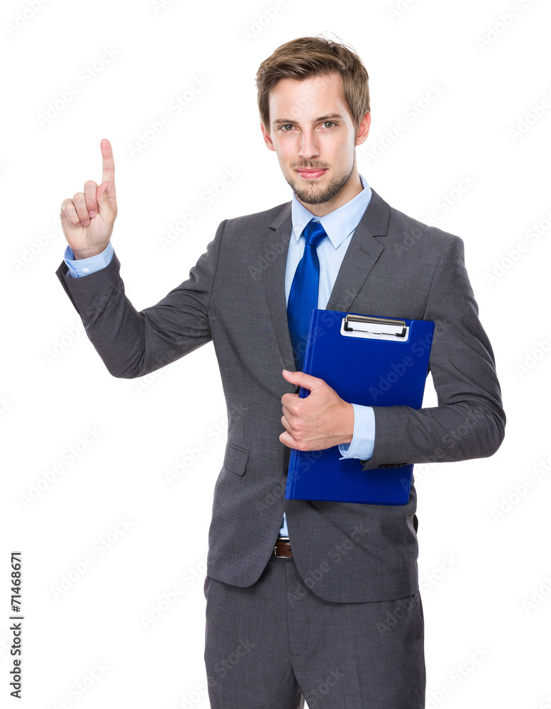Businessman with clipboard and finger point up