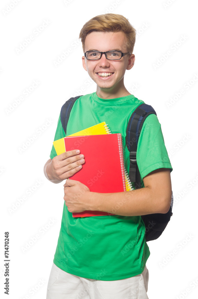 Student with textbooks isolated on the white