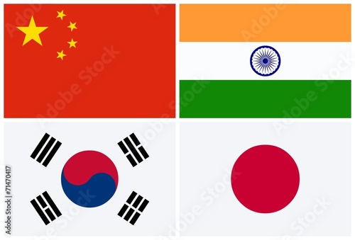 Flags: China, India, South Korea, Japan