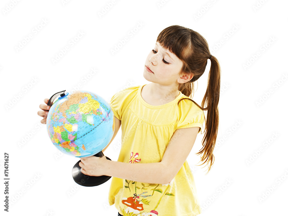 Girl looking at a globe on white background Girl looking at a globe on white background