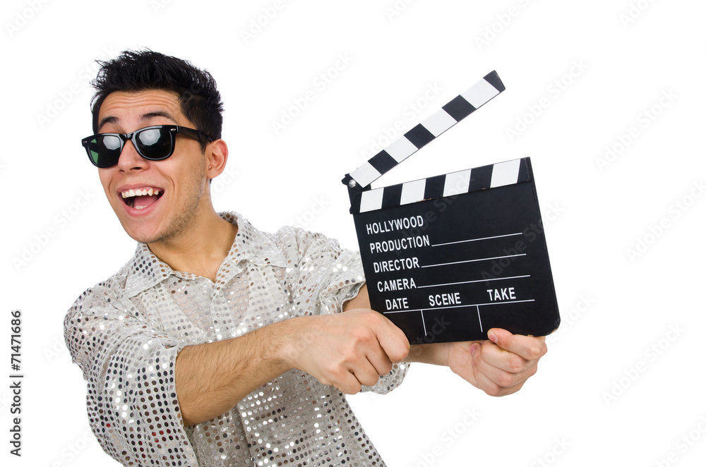 Man with movie clapperboard isolated on white Man with movie clapperboard isolated on white