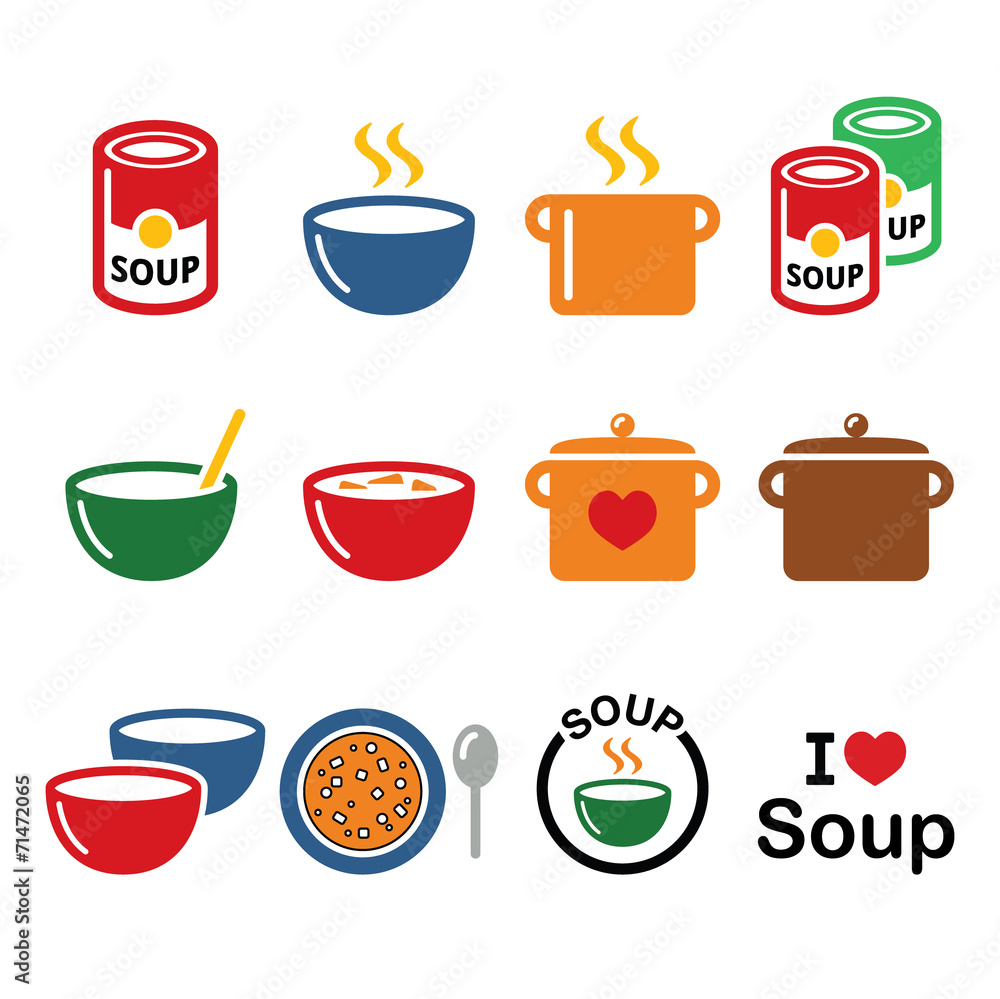 Obraz premium Soup in bowl, can and pot - food icon set