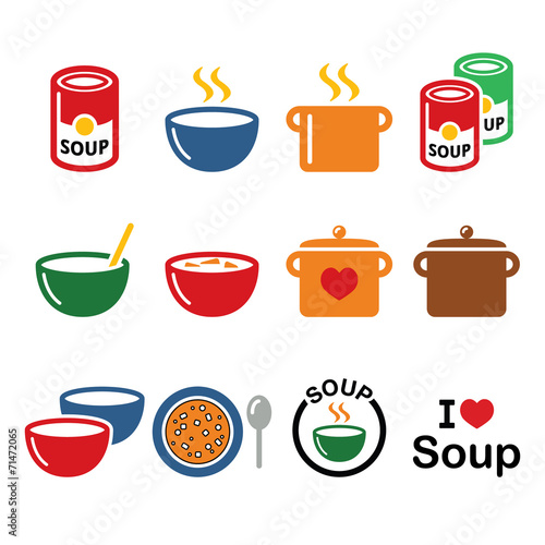 Soup in bowl, can and pot - food icon set