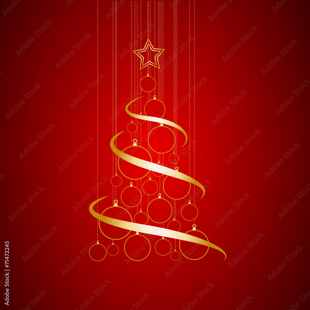 Vector Abstract Golden Christmas Tree on red background - obrazy, fototapety, plakaty 