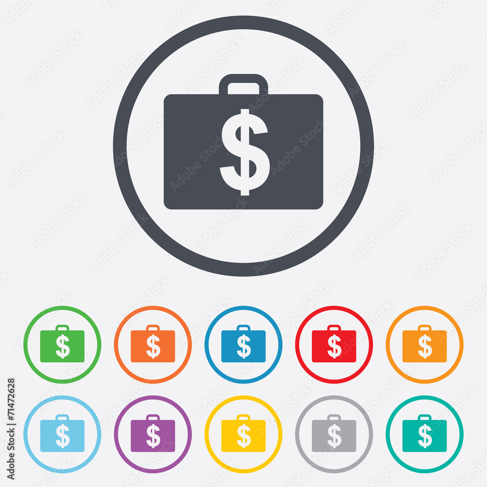 Case with Dollars USD sign. Briefcase button. Case with Dollars USD sign. Briefcase button.
