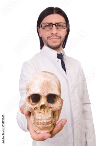 Funny teacher with skeleton isolated on white © Elnur