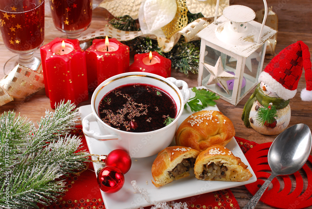 red borscht and pastries for christmas eve - obrazy, fototapety, plakaty 