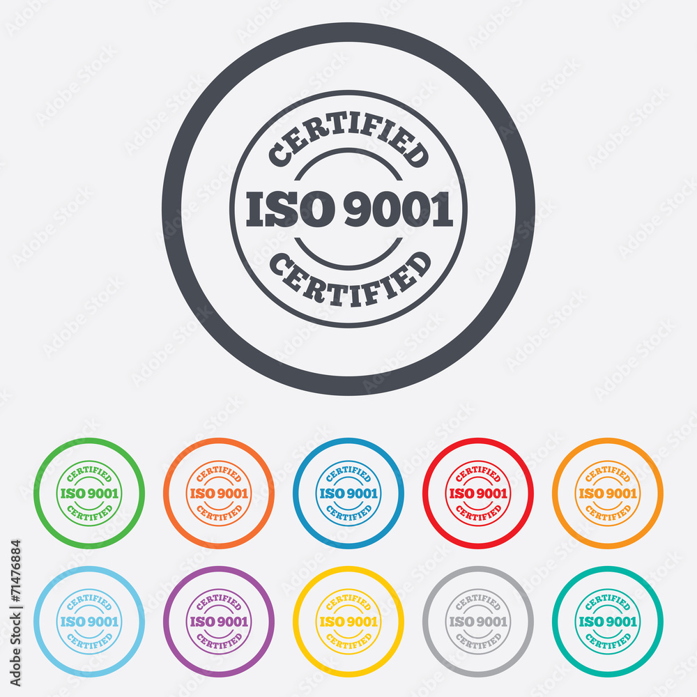 ISO 9001 certified sign. Certification stamp.