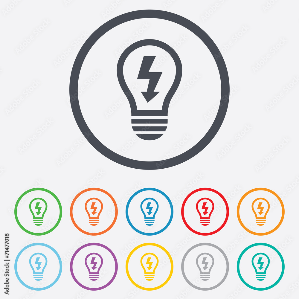 Light lamp sign icon. Bulb with lightning symbol Light lamp sign icon. Bulb with lightning symbol