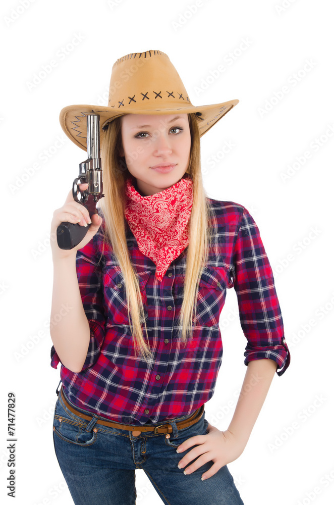 Cowgirl woman with gun isolated on white Cowgirl woman with gun isolated on white