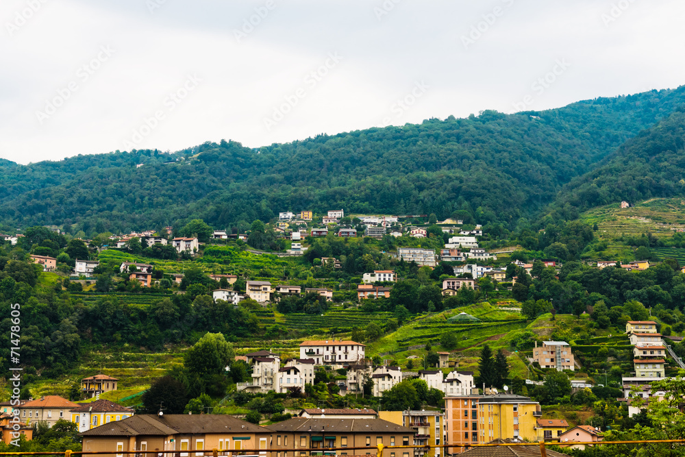 Alps mountains and town summer landscape.
