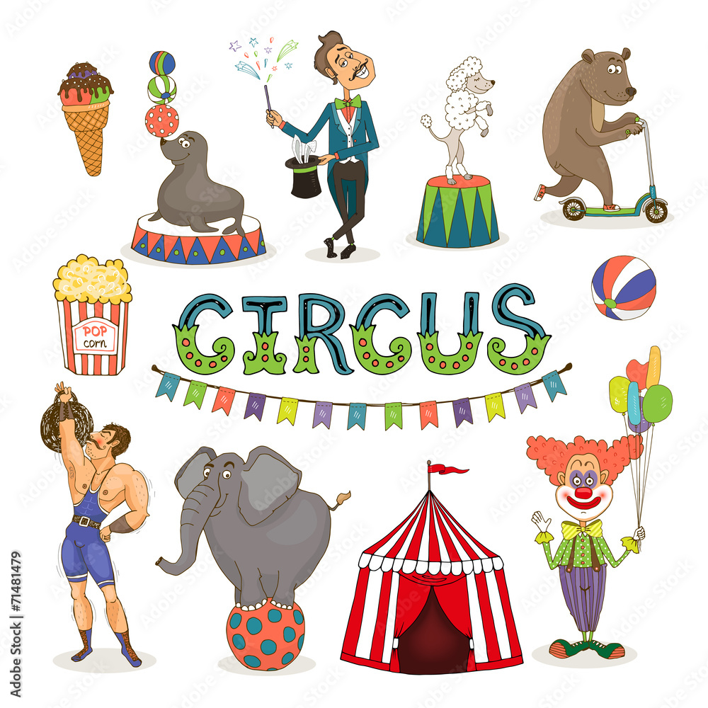 Obraz premium Vector circus funfair and fairground icon set
