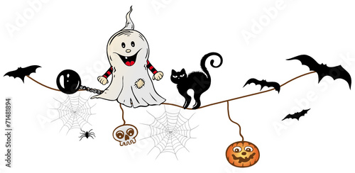 Halloween Dekoration. Gespenst mit schwarzer Katze und Fledermäusen.