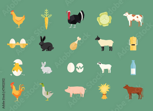 Colorful set of vector farm animals and produce