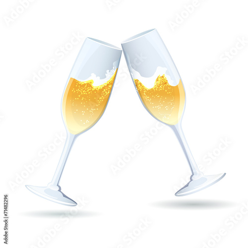 Two flutes of golden bubbly champagne