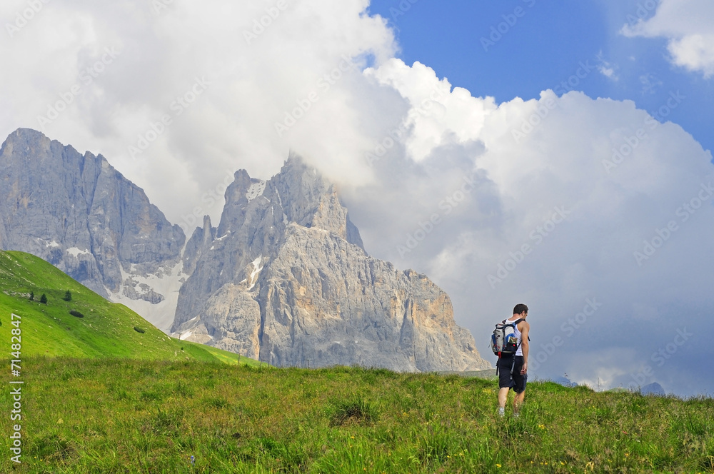 Man walking in a mountain meadow