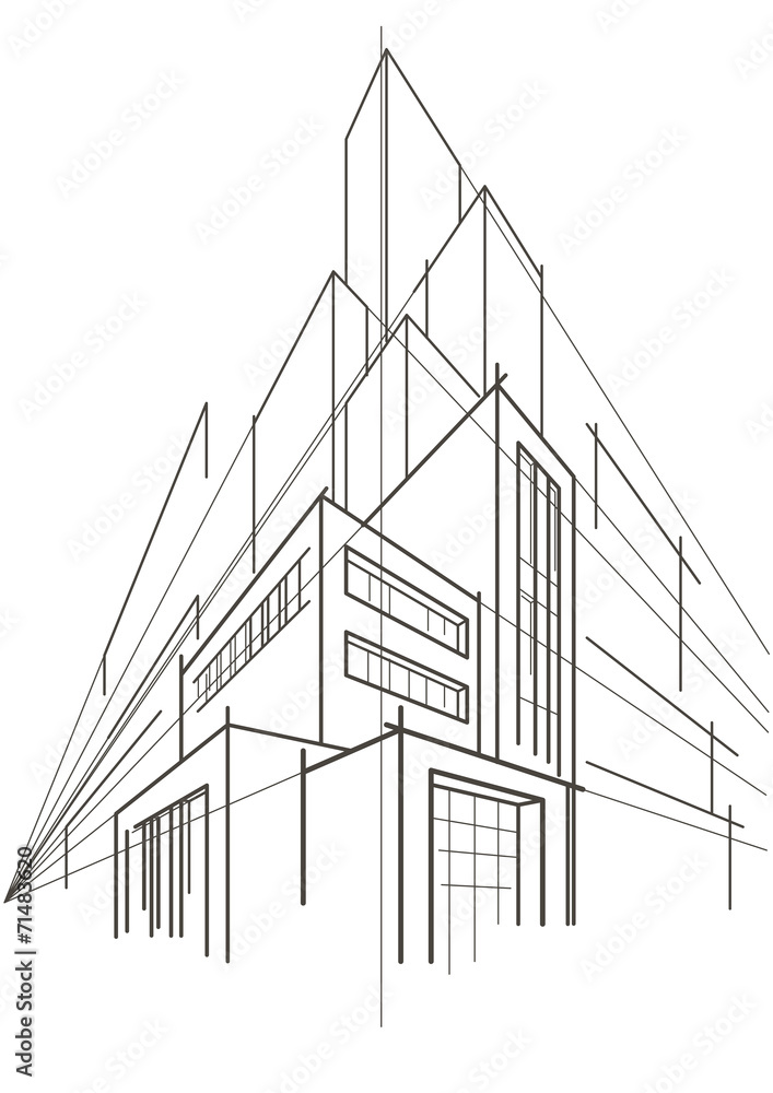 abstract linear sketch of multi-storey building - obrazy, fototapety, plakaty 